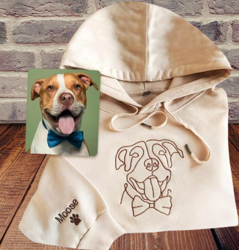 Custom Dog Mom Sweatshirt – Embroidered Line Art Dog Portrait with Name on Sleeve
